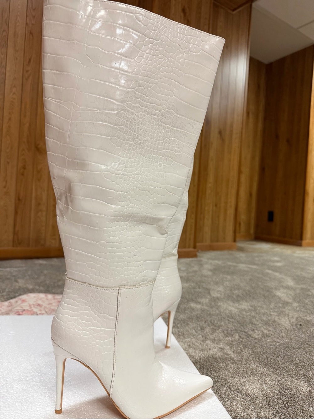 PrettyLittleThing White Croc-Effect Knee-High Stiletto Boots